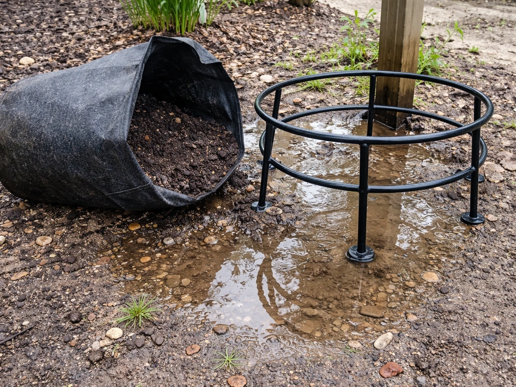 Tipped fabric grow bag with small puddle of water pooled under the stand on damp ground.