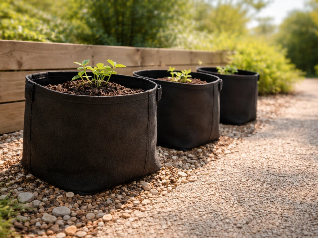 Fabric grow bags on gravel outdoors, evenly spaced with clear sun-facing placement and drainage.