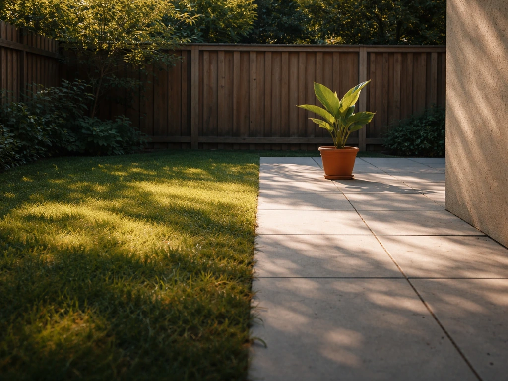 Sunlit and shaded halves of a yard with moving shadows suggesting changing daily light