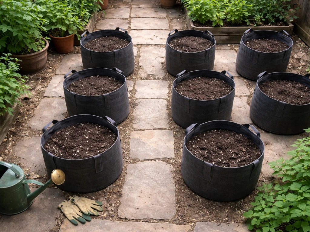 Overhead view of grow bags spaced apart with clear aisles for watering and harvesting, plus a watering can.