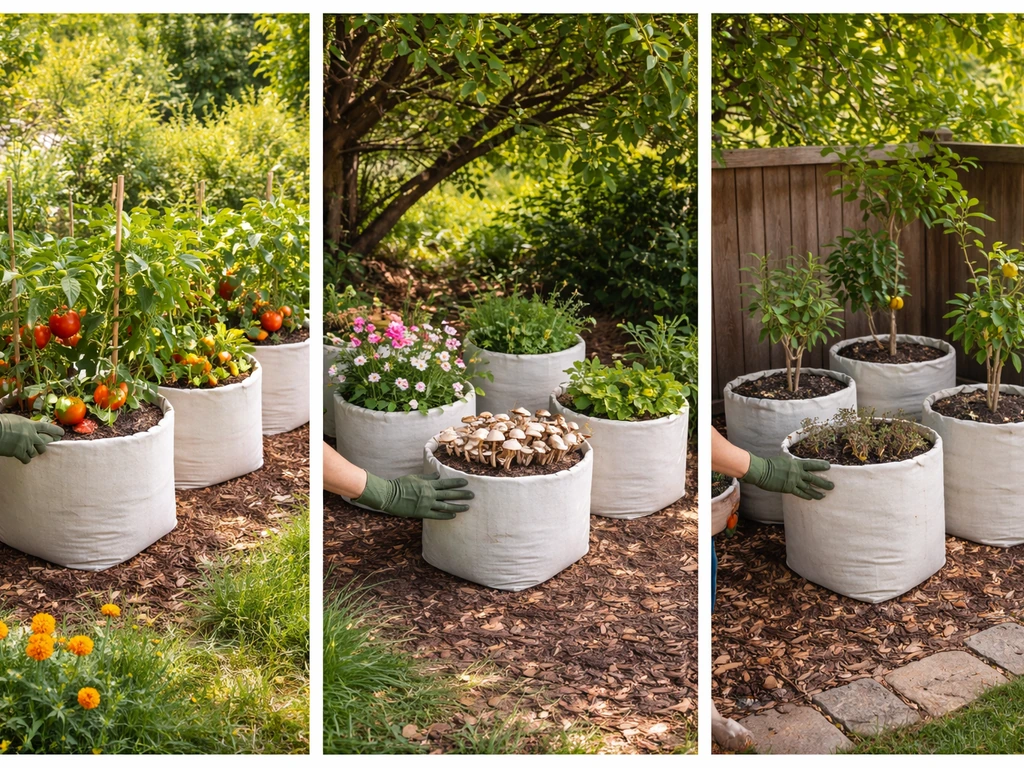 Minimal garden planting beds with labels on soil bags showing sun, shade, and protected corner placement for crops.