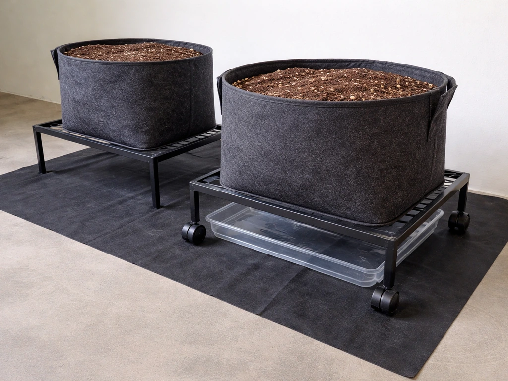Grow bags on elevated stands with a drip tray below and weed-control barrier, plus rolling mobility wheels.