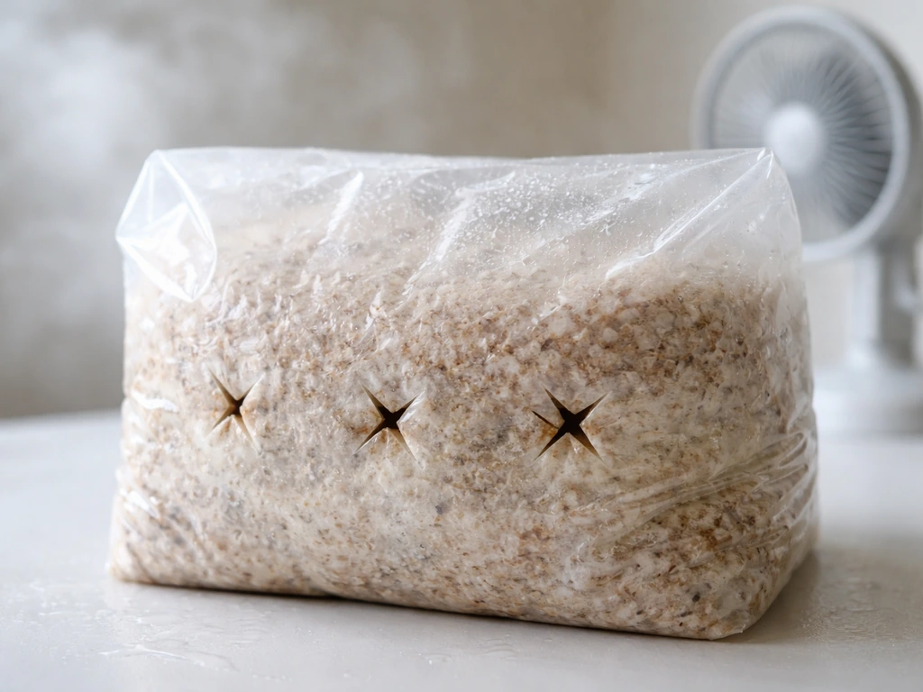 Close-up of an all-in-one grow bag in a fruiting-ready setup with humidity/ventilation elements around it.