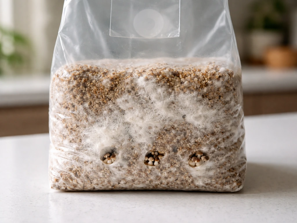 Close-up of a sealed all-in-one grow bag showing colonized white mycelium and early pin-site cuts.
