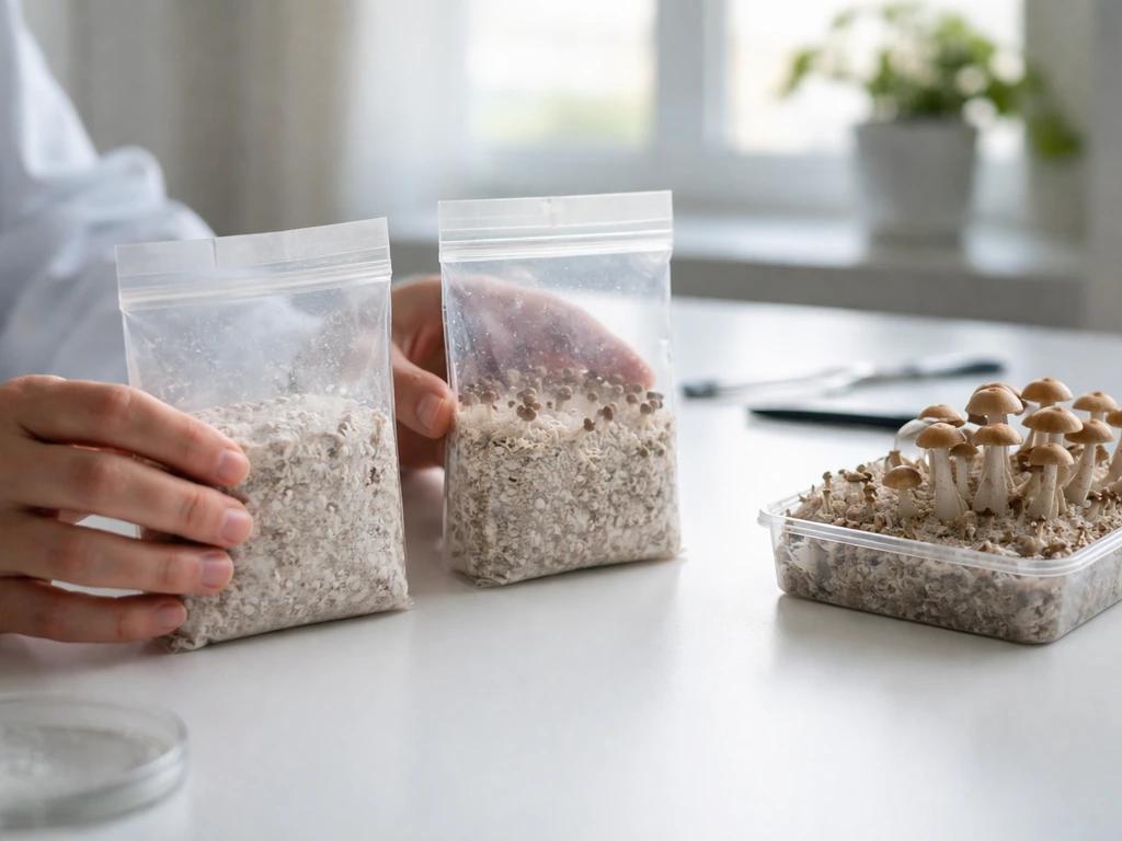 Anonymous hands adjusting clear sample bags and substrate tray on a minimal desk in natural light.