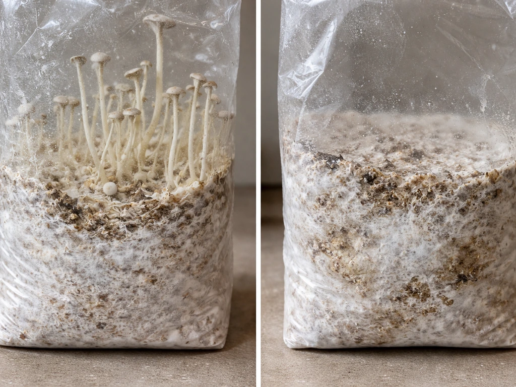 Two side-by-side close-ups: one with leggy pale growth, one with minimal colonization and no pins.