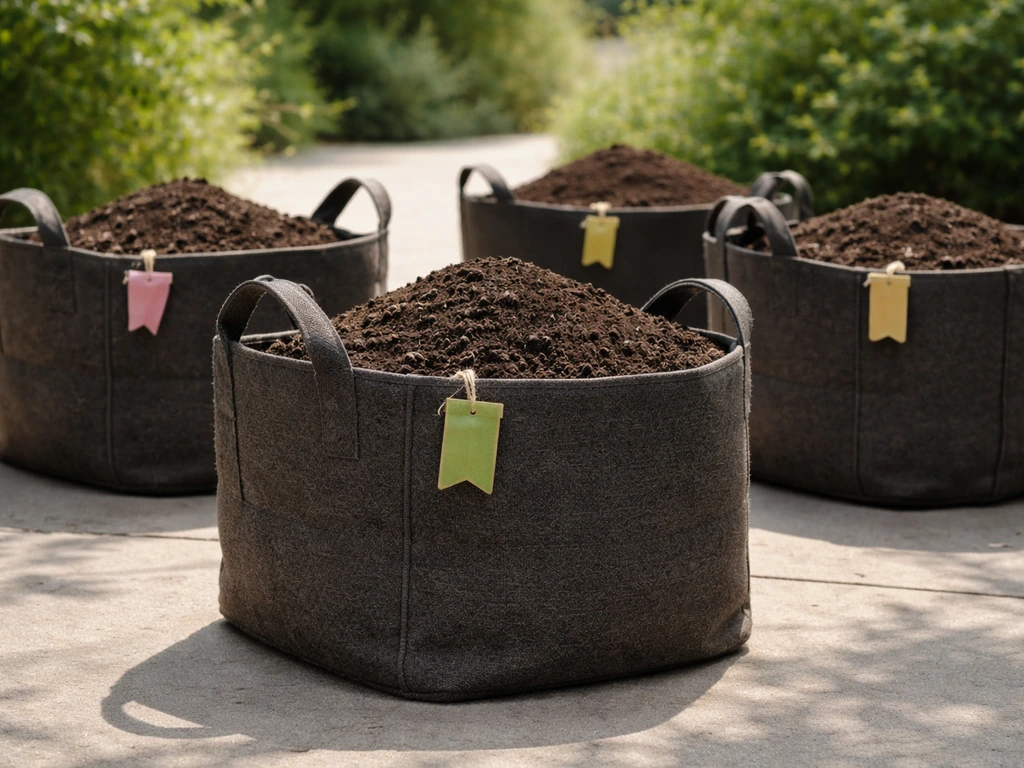 Multiple fabric grow bags filled with dark soil on a patio, organized by plant type