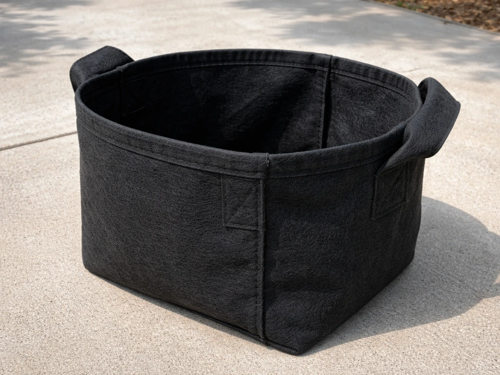 Close-up of a fabric grow bag showing thick material and reinforced stitching on a concrete patio.