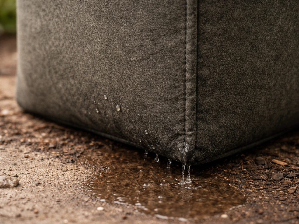 Close-up of a fabric grow bag corner with water seeping from fabric seams for drainage