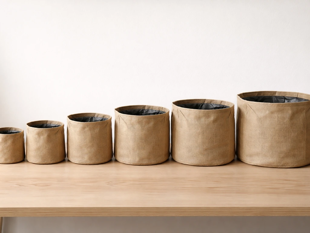Multiple anonymous planter bags of different sizes arranged side-by-side on a light table.