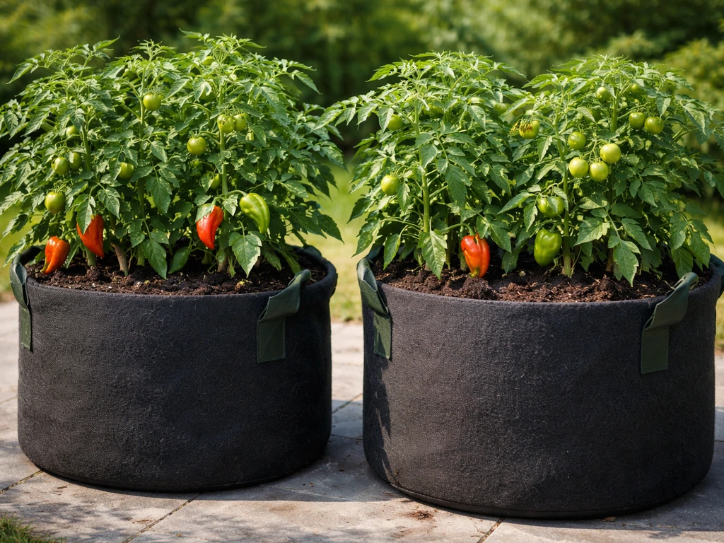 Healthy tomato and pepper plants in large fabric grow bags on a sunny patio