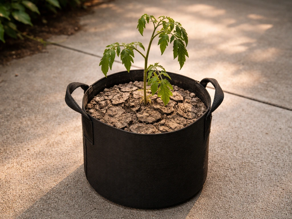 Gardzen plant bag with very dry top soil and a wilted plant in warm afternoon shade