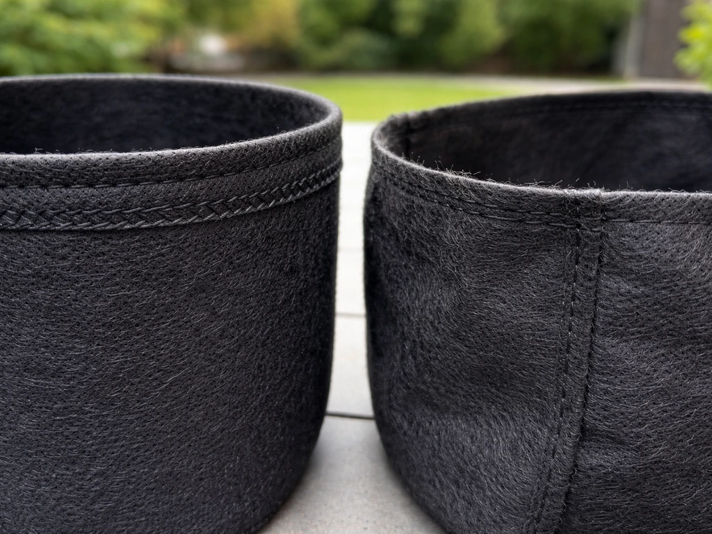 Close-up of two fabric grow bags side by side, showing thick sturdy fabric versus thin flimsy material.