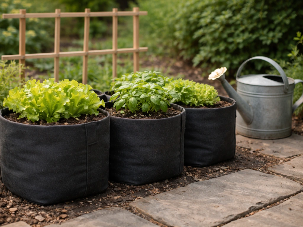 Nonwoven grow bags with lettuce and herbs on a simple patio, with a small trellis nearby.