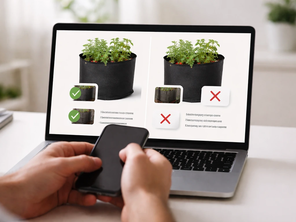 Minimal photo of a laptop screen showing a grow bag product page with green vs red callouts.