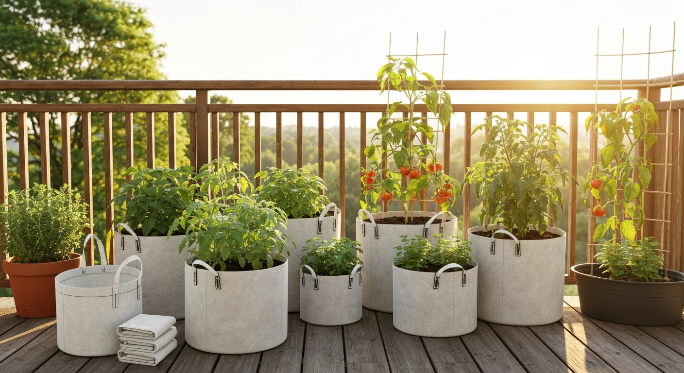 Sunlit balcony with various fabric grow bags (5–20 gal) holding tomatoes, peppers and herbs; one bag folded flat beside a stack to show storage.
