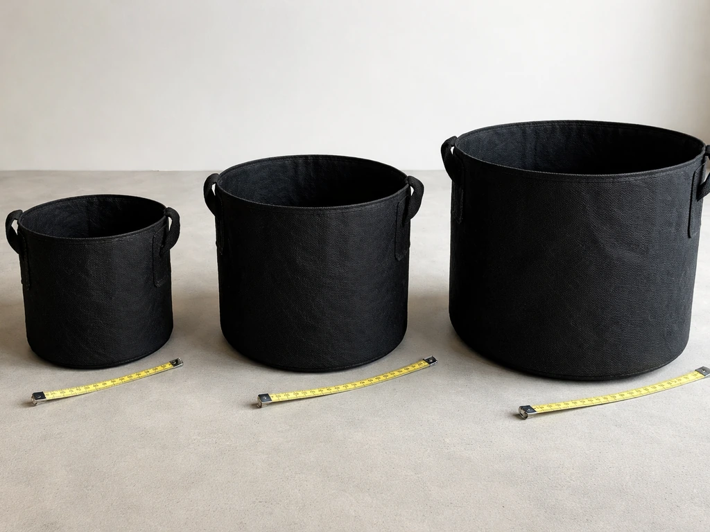 Three grow bags of different sizes on a table with measuring tape indicating relative diameters.