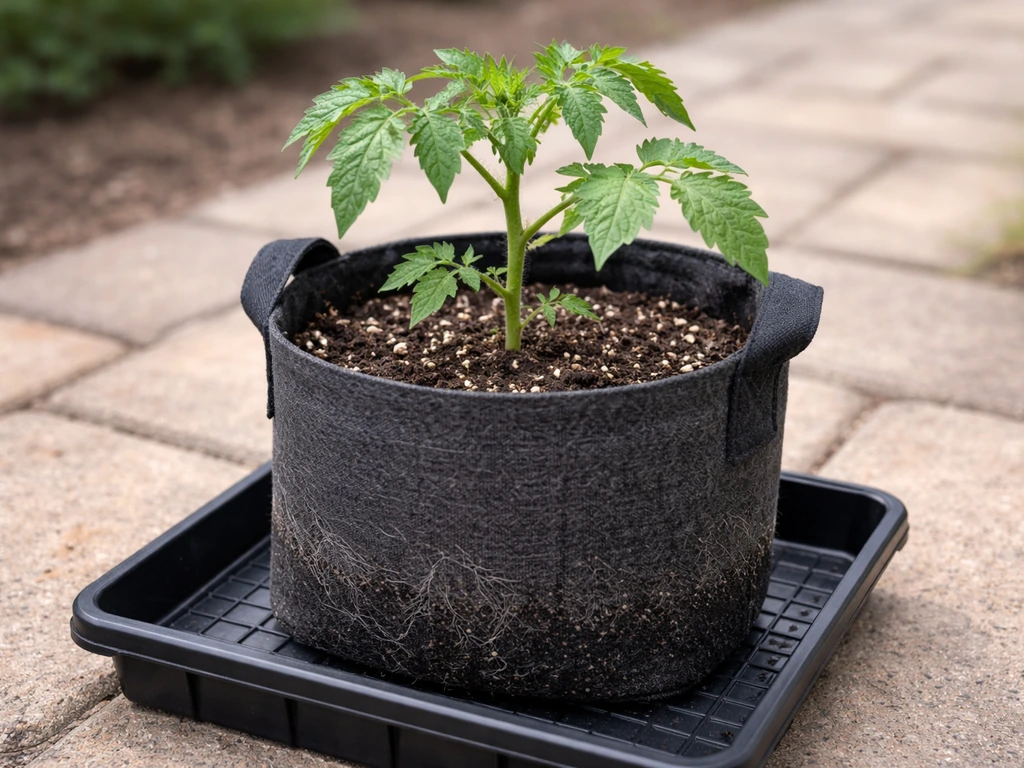 Healthy green vegetable transplant in a properly sized grow bag on a tray, roots settled and stable.