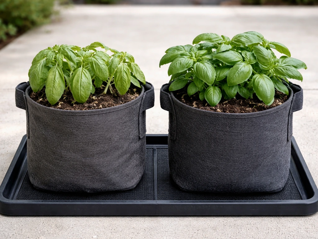 Side-by-side fabric grow bags: one wilted with dry topsoil, the other healthy with moist soil.