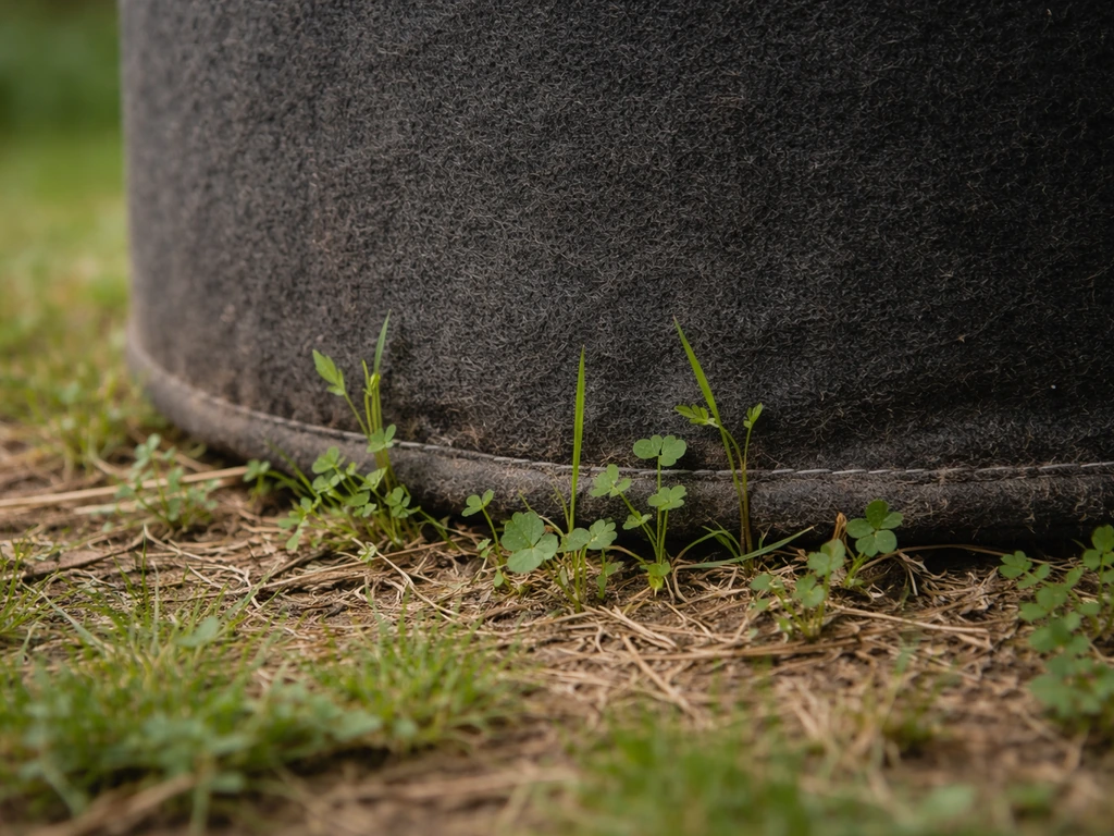 Close-up of a grow bag on grass with weeds sprouting at the base and fabric wear near ground contact.
