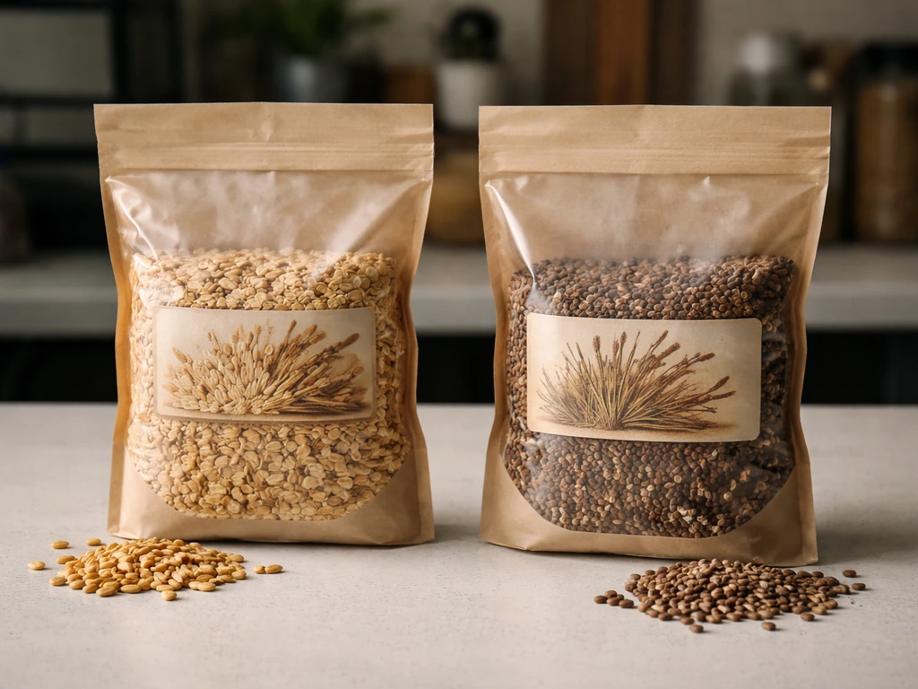 Two sealed grain spawn bags side-by-side with different visible grain types on a clean workbench.