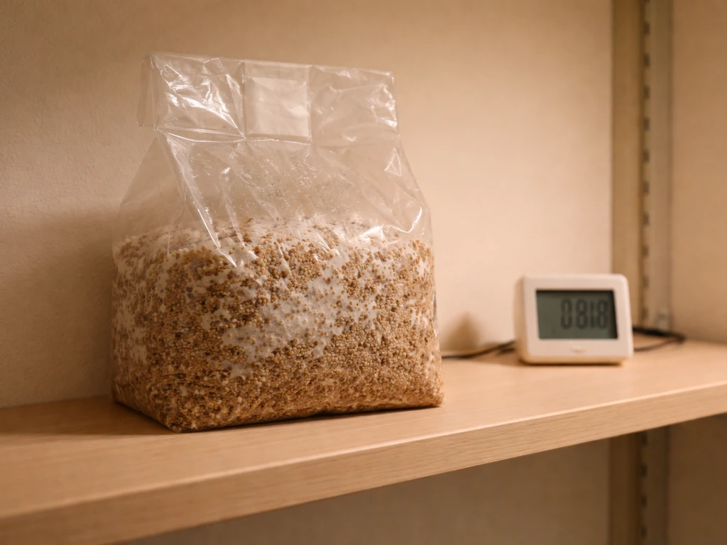 Close photo of a sealed spawn bag in a warm indoor corner near a small thermostat/temperature monitor.
