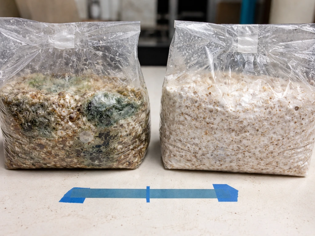 Close-up of two spawn bags: left shows green/black contamination, right shows clean white mycelium with tape timeline ma