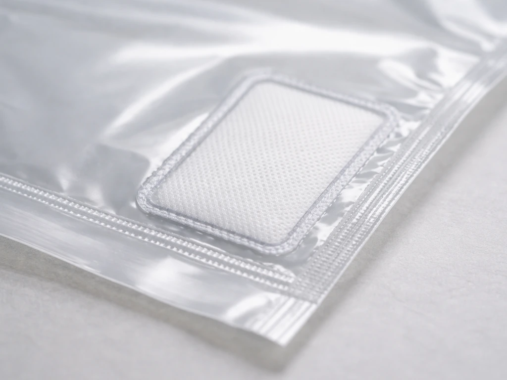 Close-up of a durable sterile medical bag film showing intact sealed edges and filter patch.