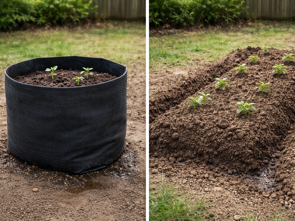 Split view of a fabric potato grow bag and an in-ground potato bed showing different drainage and soil setup