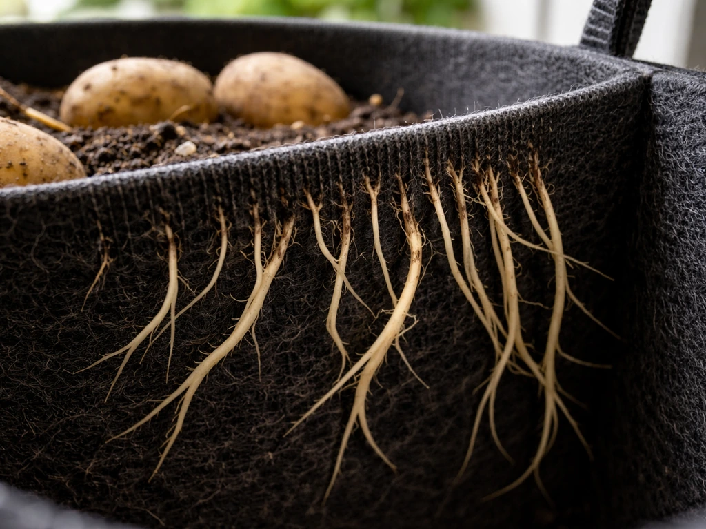 Potato roots reaching a fabric grow bag wall, naturally stopping where air-pruning occurs.