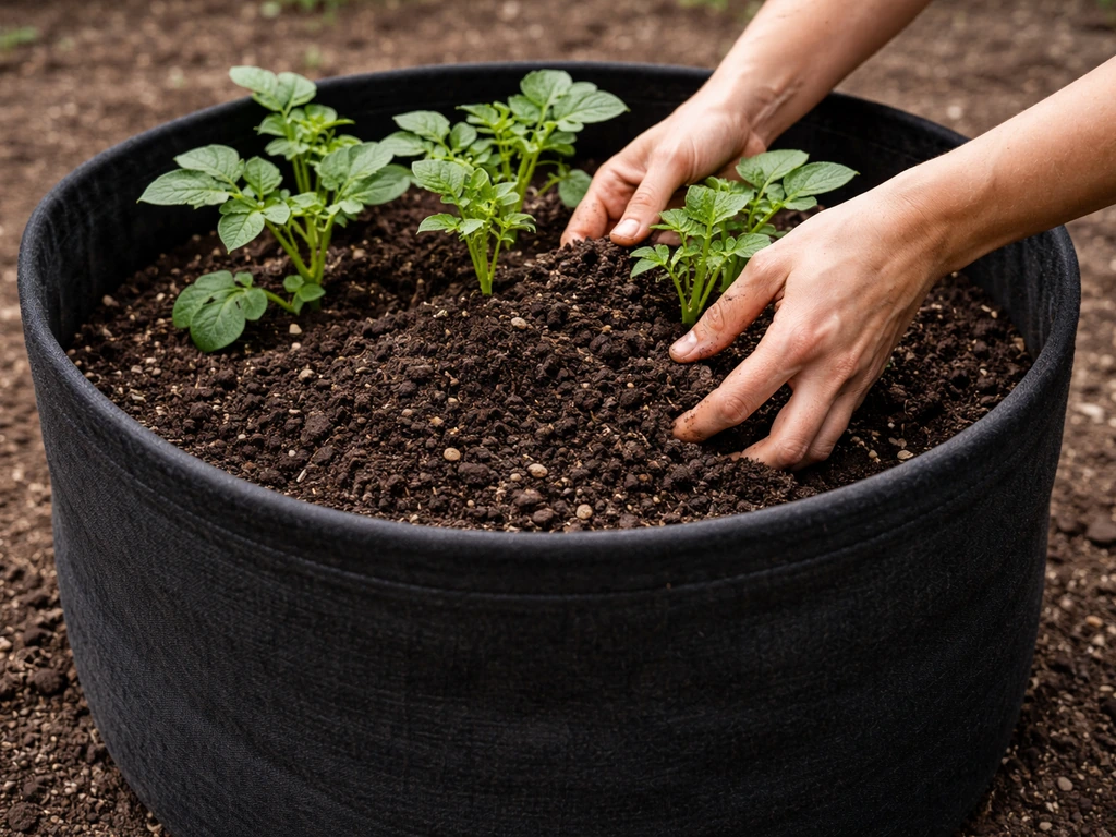 Hands add fresh soil around stems in a grow bag, forming a mound for mid-season hilling.