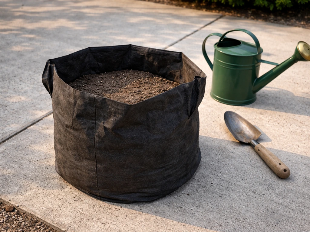 Collapsed, dried-out grow bag with compacted soil on a concrete surface, ready for reconditioning.
