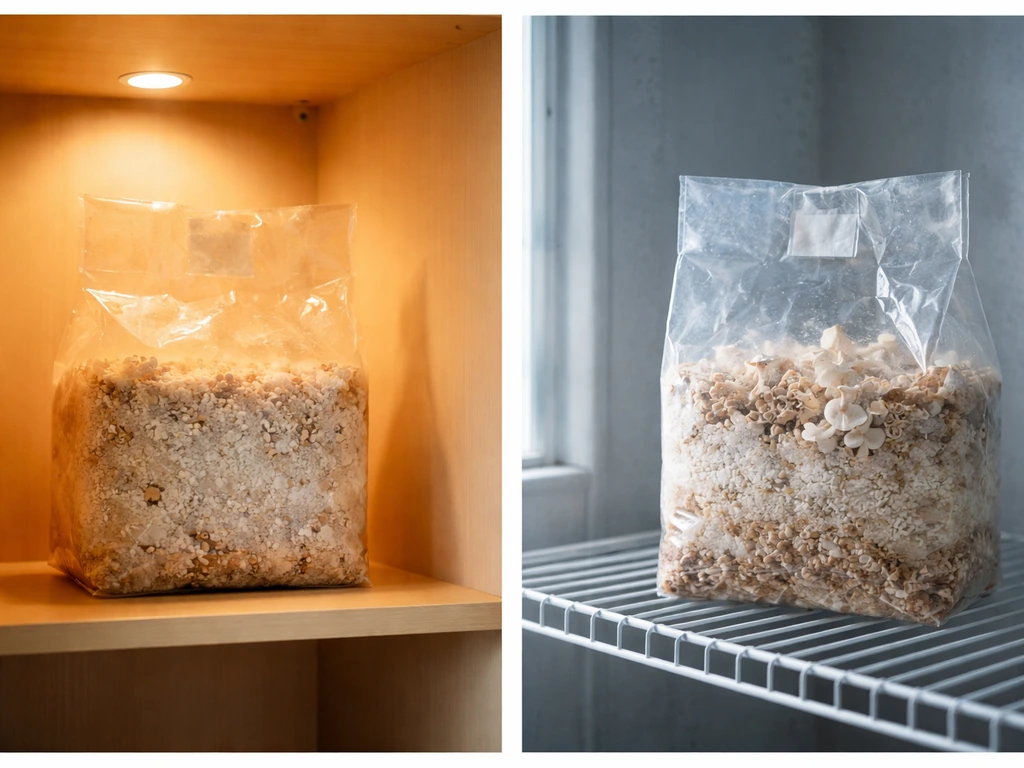 Two clear plastic grow bags in separate temperature-controlled areas: warm incubation and cooler fruiting setup.