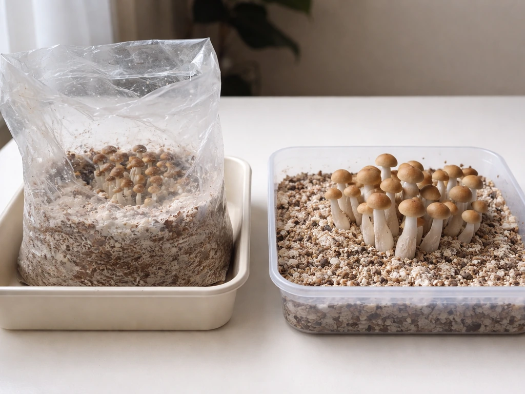 Two clean mushroom grow areas: fruiting inside a bag vs larger growth on a separate tray.