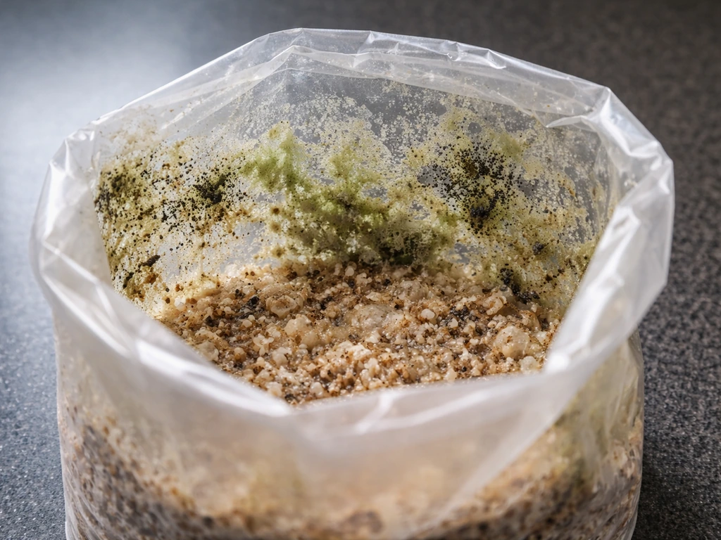 Moldy mushroom grow bag showing green/black contamination, placed away from the grow area.