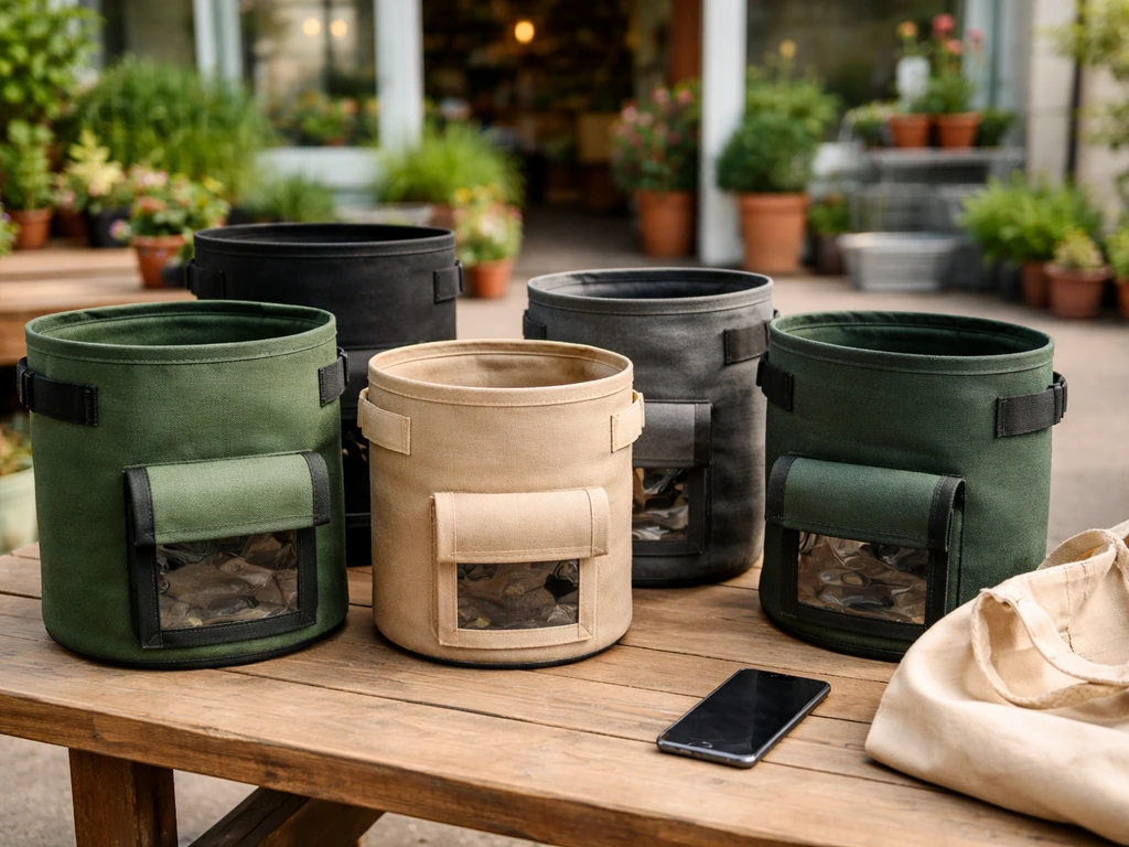 Potato grow bags on a table with a shopping tote and a softly blurred garden center storefront behind
