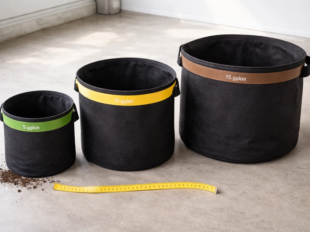 Three potato grow bags of different sizes with a measuring tape reference on a clean floor.