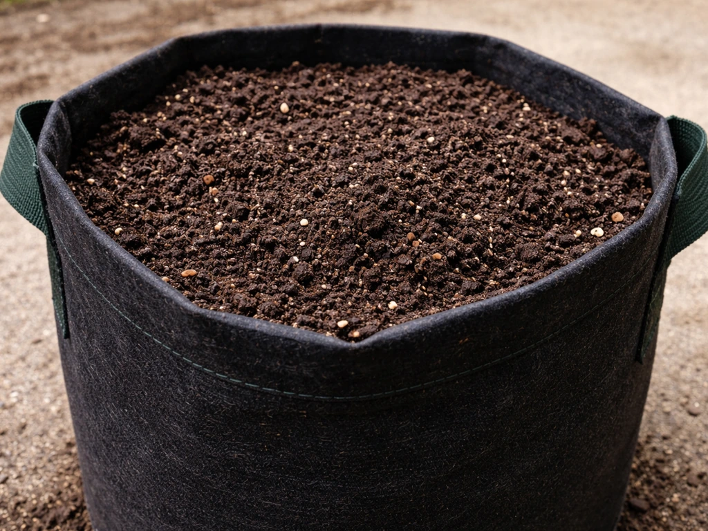 Close-up of a potato grow bag filled with dark potting mix, ready for planting