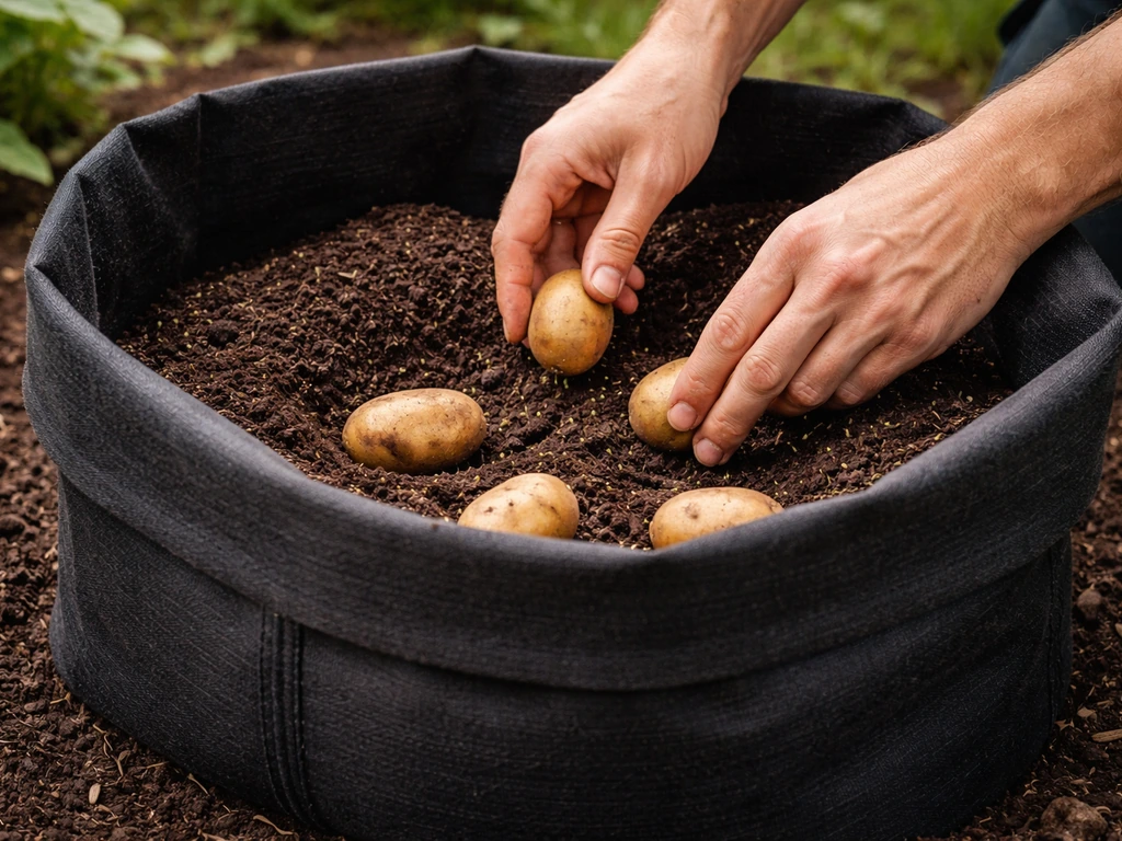 Seed potatoes being placed into a partially rolled grow bag filled with potting mix