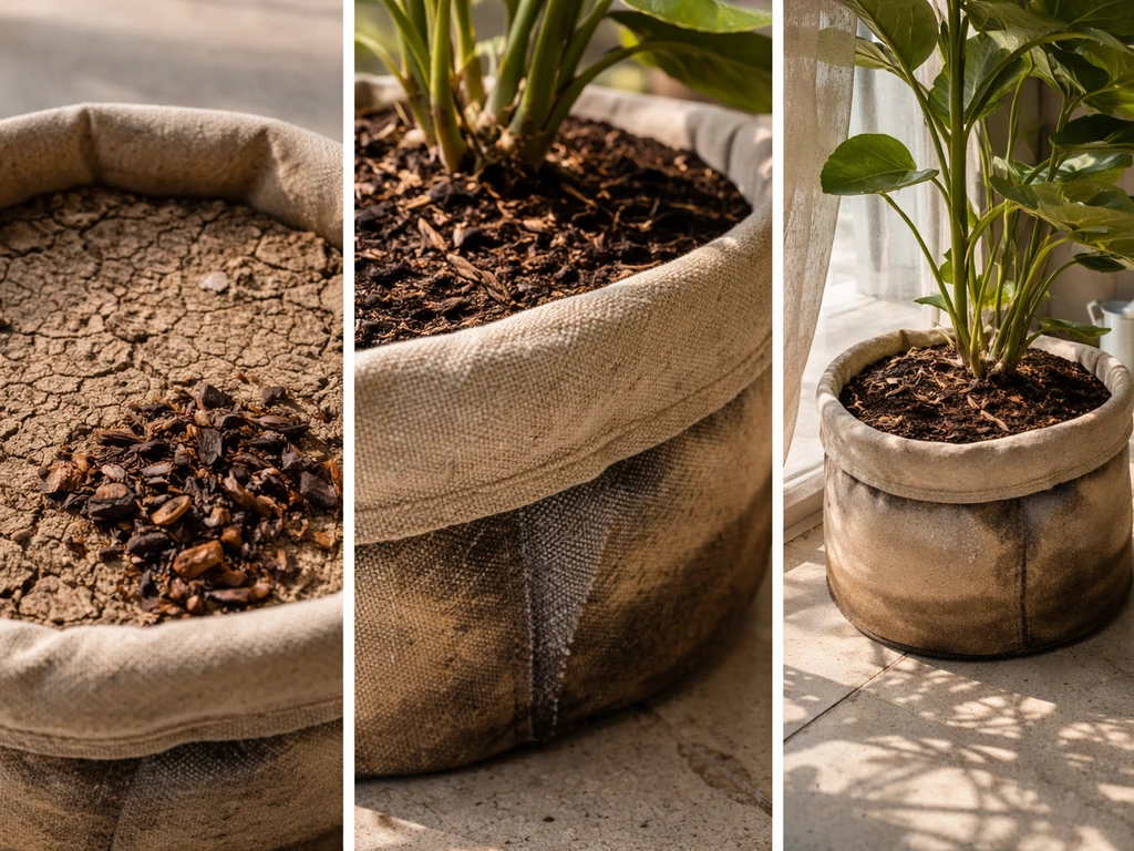 Closeup photo set: dry soil, fabric-wicking pot, and a small planter with mulch and shade cues