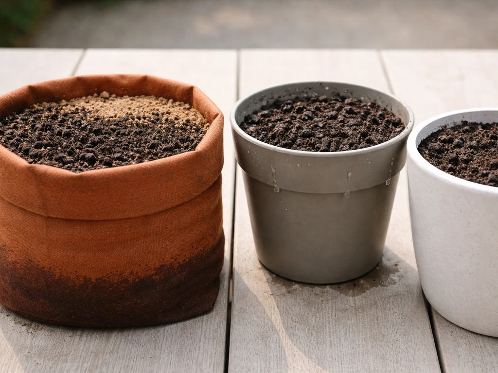 Close-up of two plant pots showing fabric pot drying faster with visible damp-to-dry soil gradient.