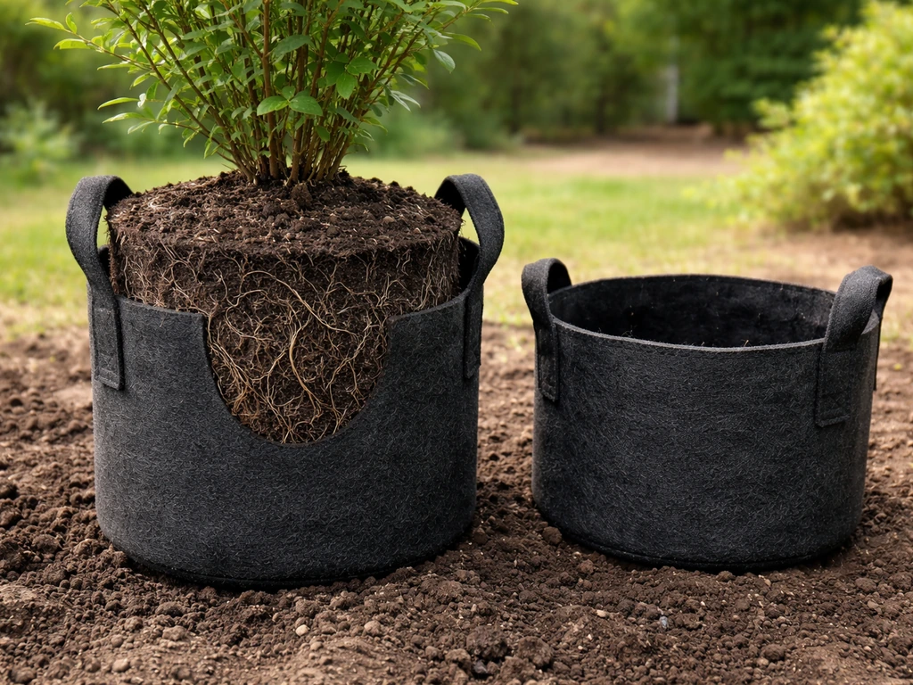 Outdoor view of fabric root-control grow bags with dense root-ball around young shrubs.