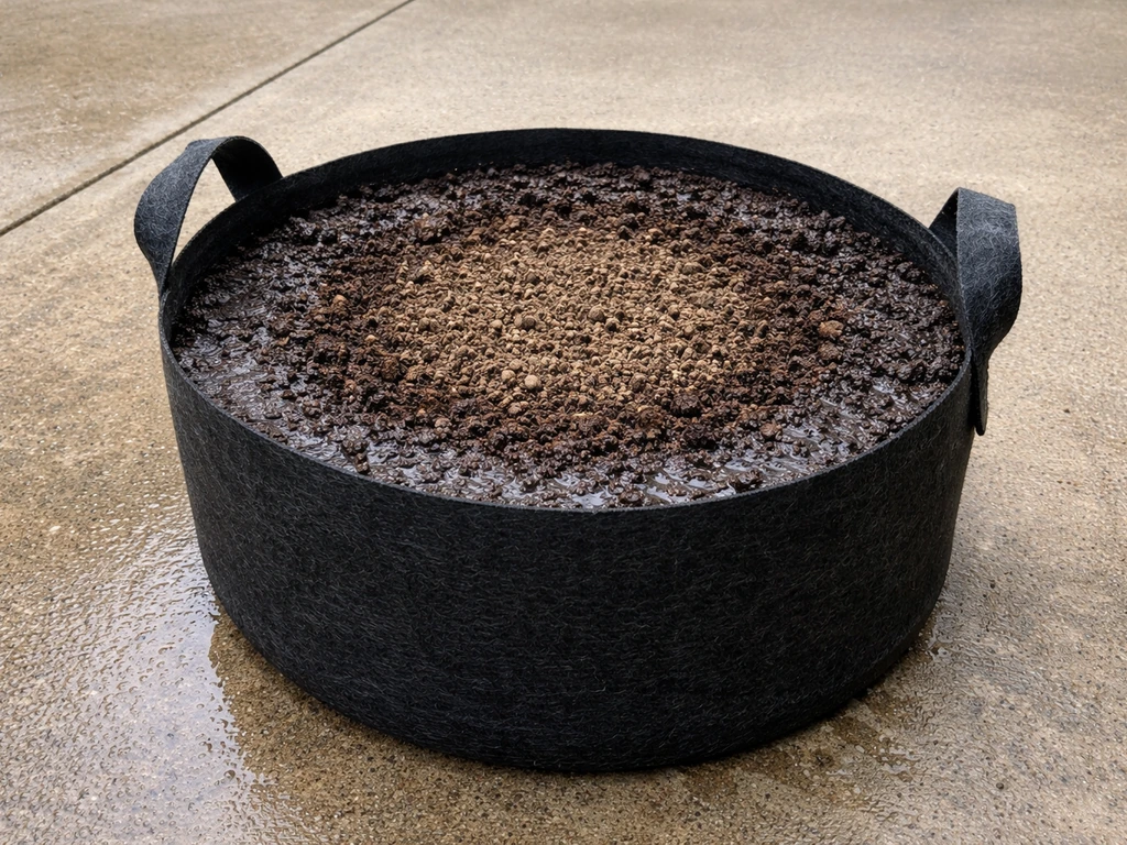 Close-up of one fabric grow bag: waterlogged outer soil with a healthier, evenly moist center.
