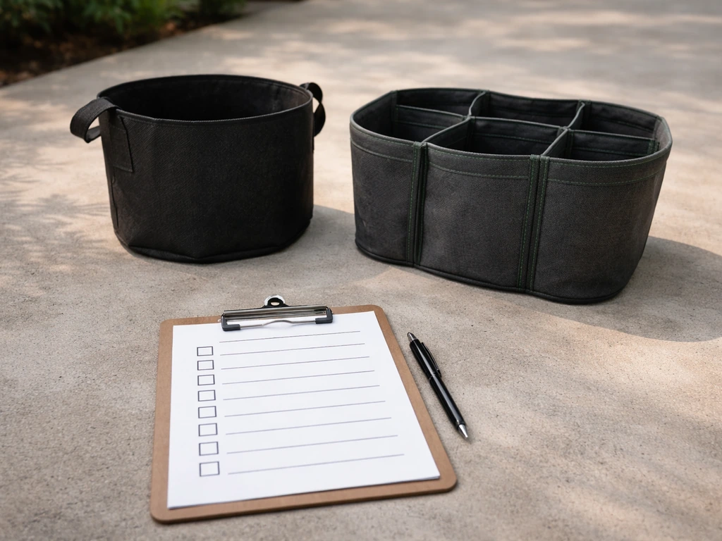 Blank checklist clipboard next to a fabric grow bag and a fabric smart-style pot for choosing plant container size.