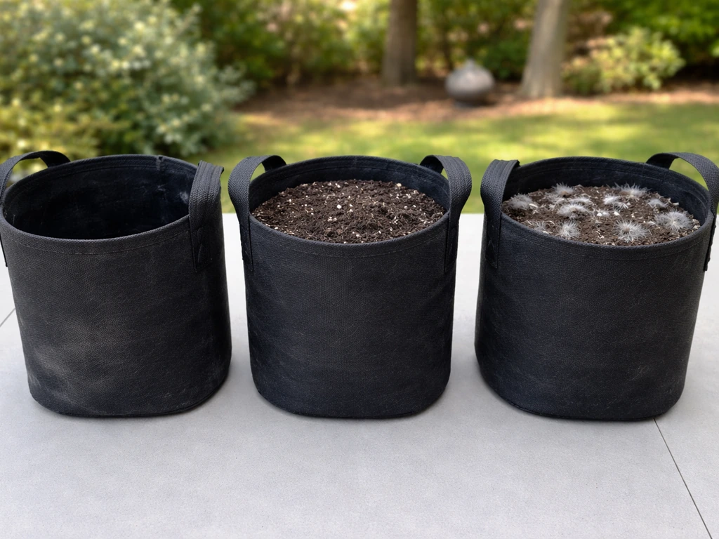 Three side-by-side grow bags: empty clean, soil with dried dust, and one clearly moldy.
