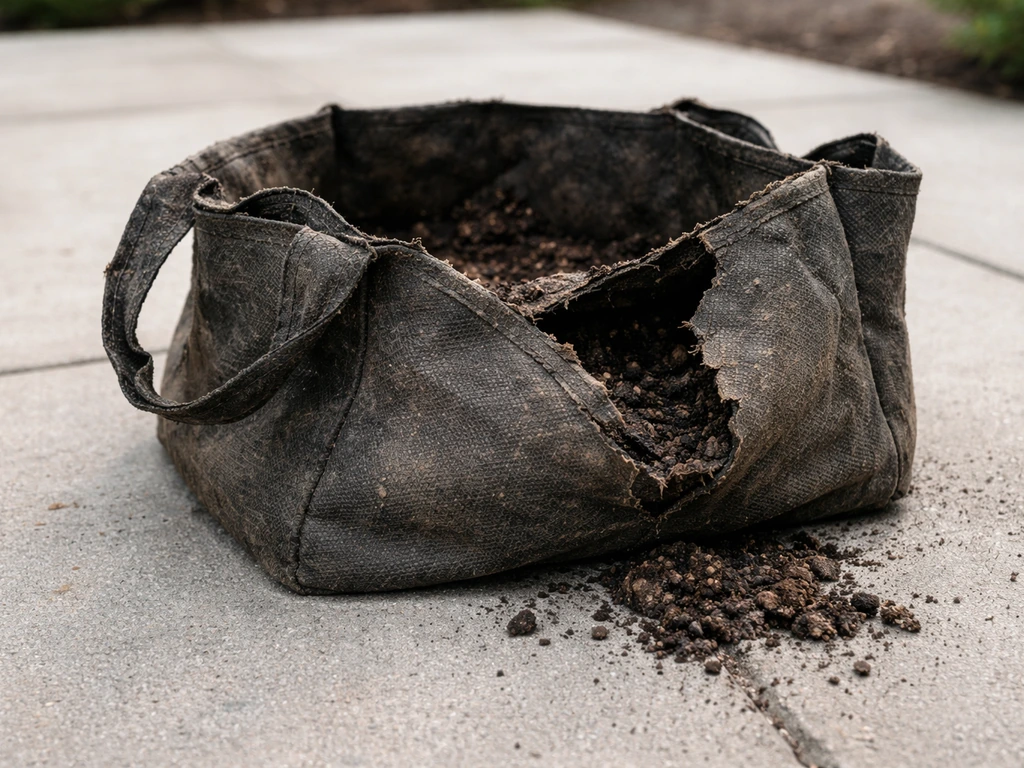 A torn, stretched gardening grow bag with soil remnants on a concrete surface, ready to discard.