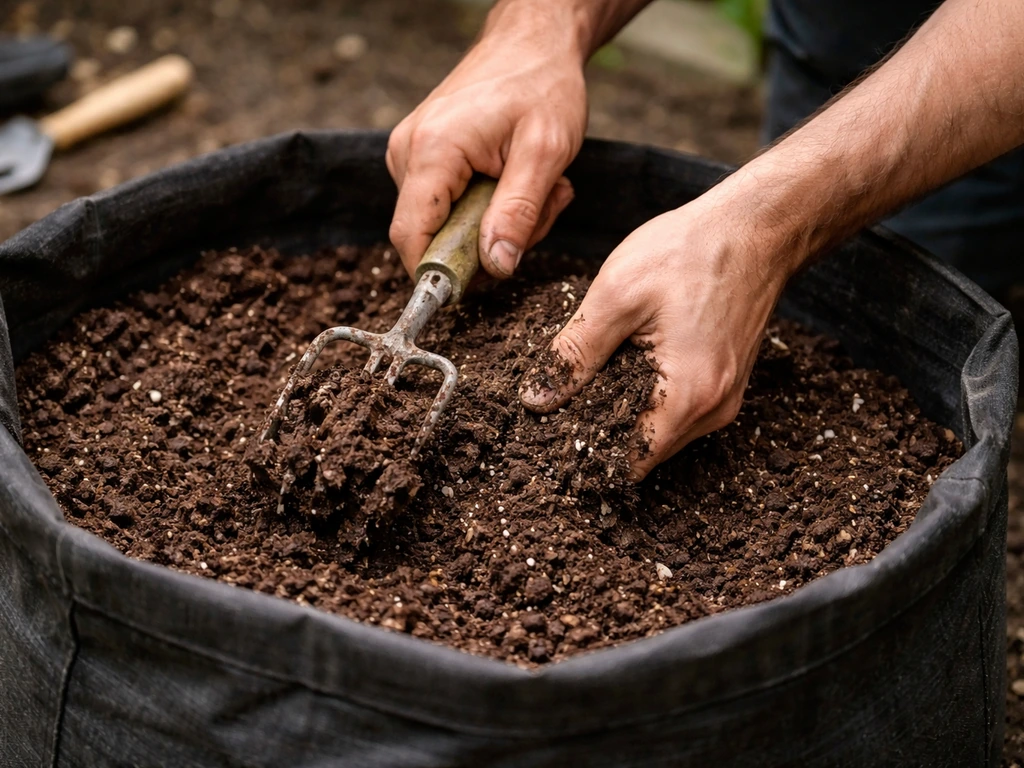 Gardener mixes spent grow-bag compost with fresh compost and perlite in an open bag, outdoors.