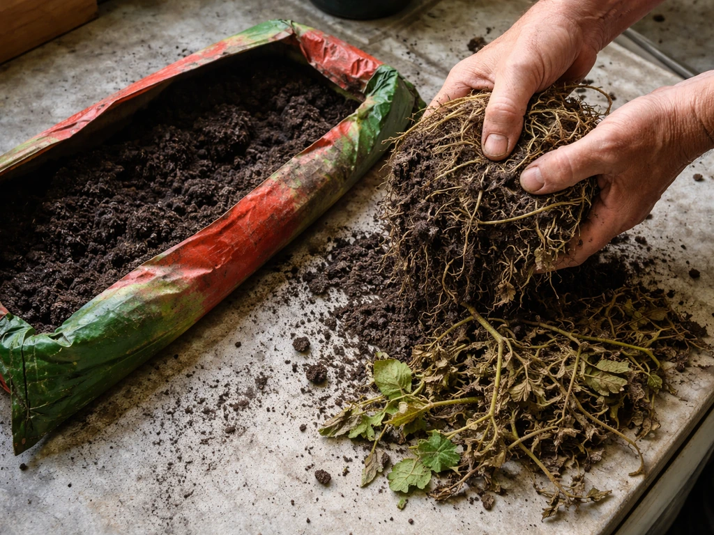 Hands removing a tomato root ball and plant debris from an old grow bag into a disposal pile.