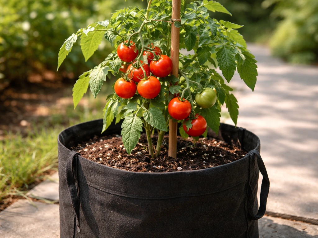 Vibrant tomato plant in a fabric grow bag on a sunlit patio, with ripening red fruit visible.