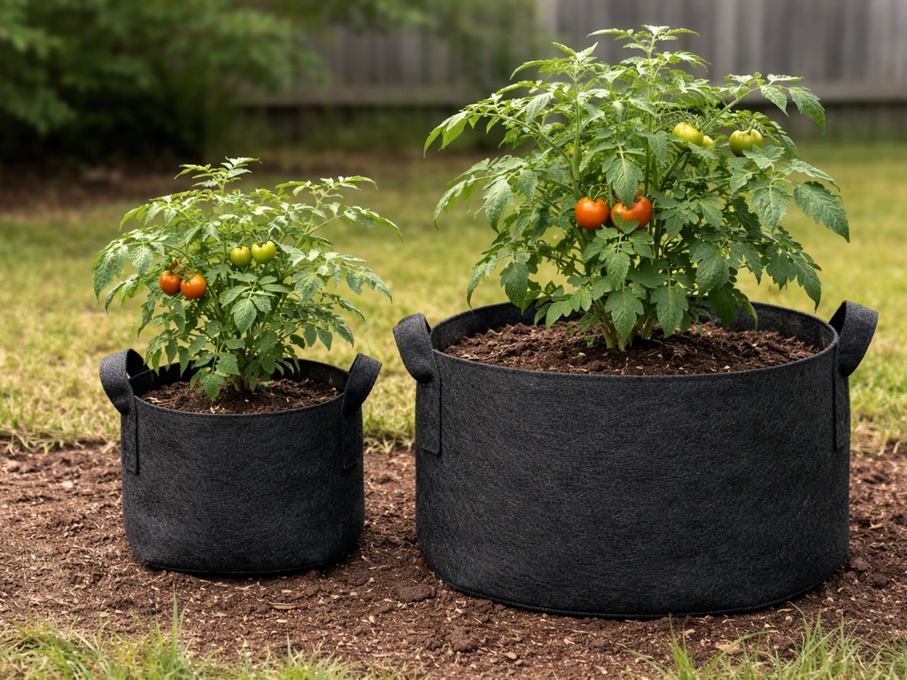 Tomato plant with side-by-side 4–5 gallon and 10 gallon fabric grow bags showing size difference.